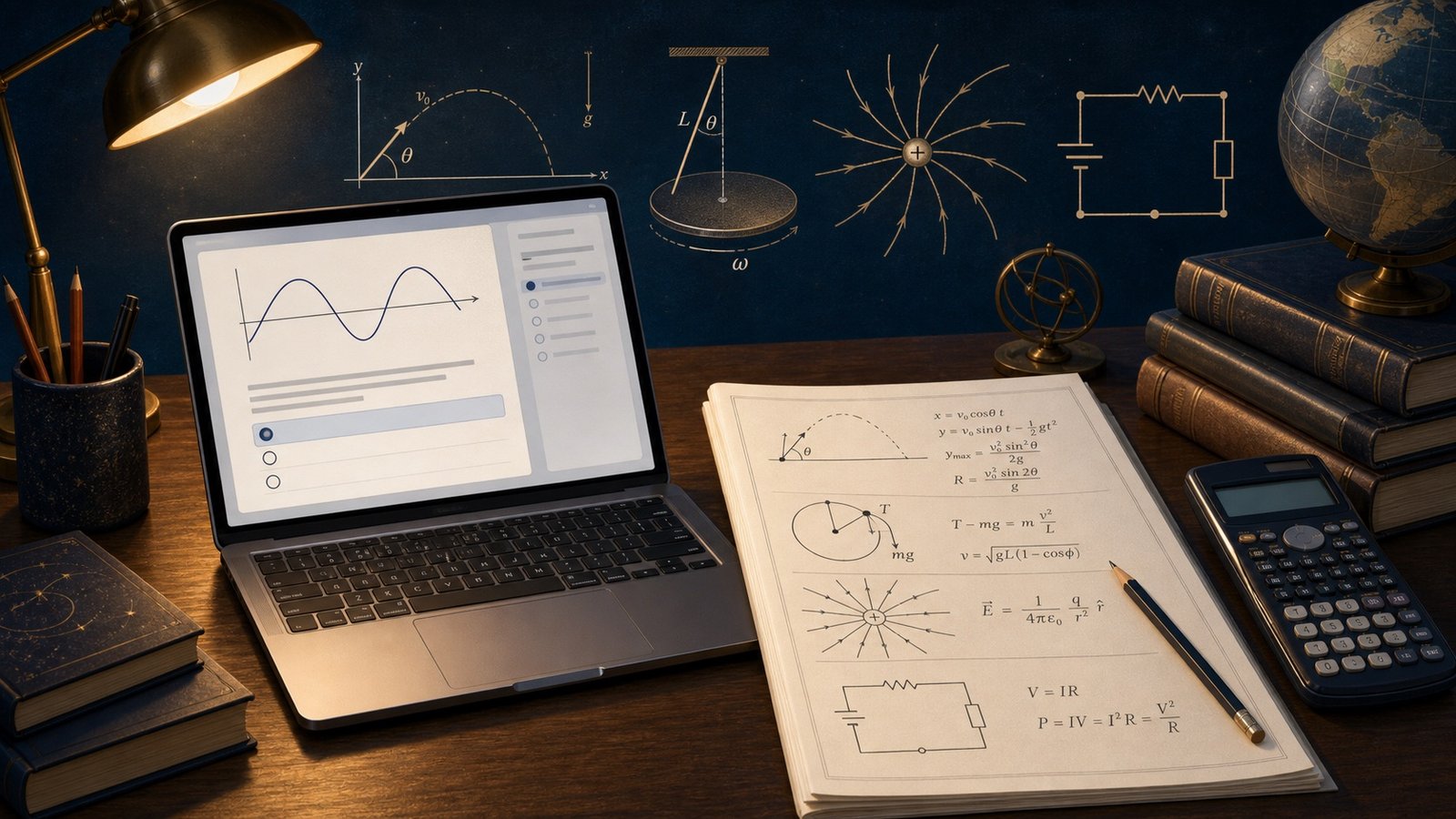 2027 AP Physics exam changes illustrated with a digital test, paper response booklet, calculator, and physics diagrams
