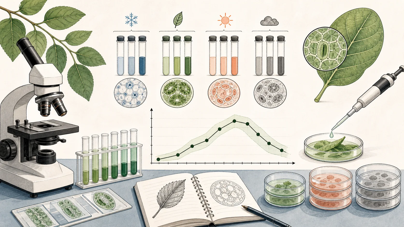 Biology laboratory illustration with a microscope, sample tubes, leaves, petri dishes, and an experimental graph