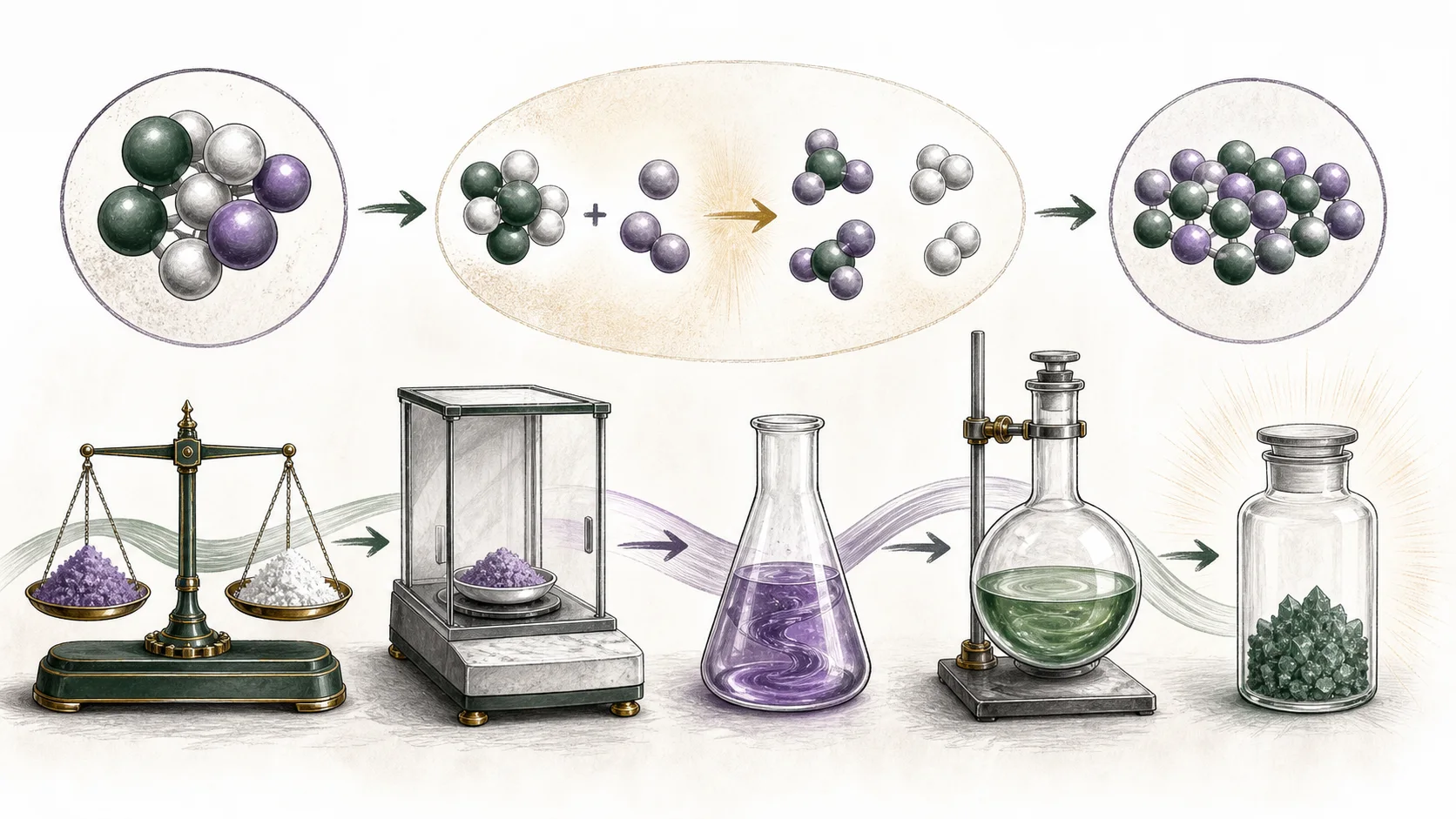 Illustration connecting molecular particles, laboratory balances, flasks, and a chemical product