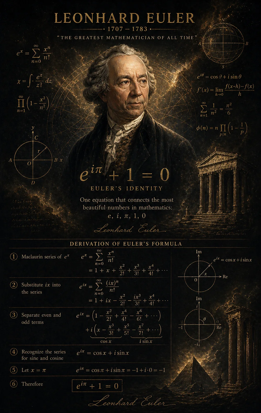 Illustrated portrait of Leonhard Euler with Euler's identity, its series derivation, and complex-plane diagrams