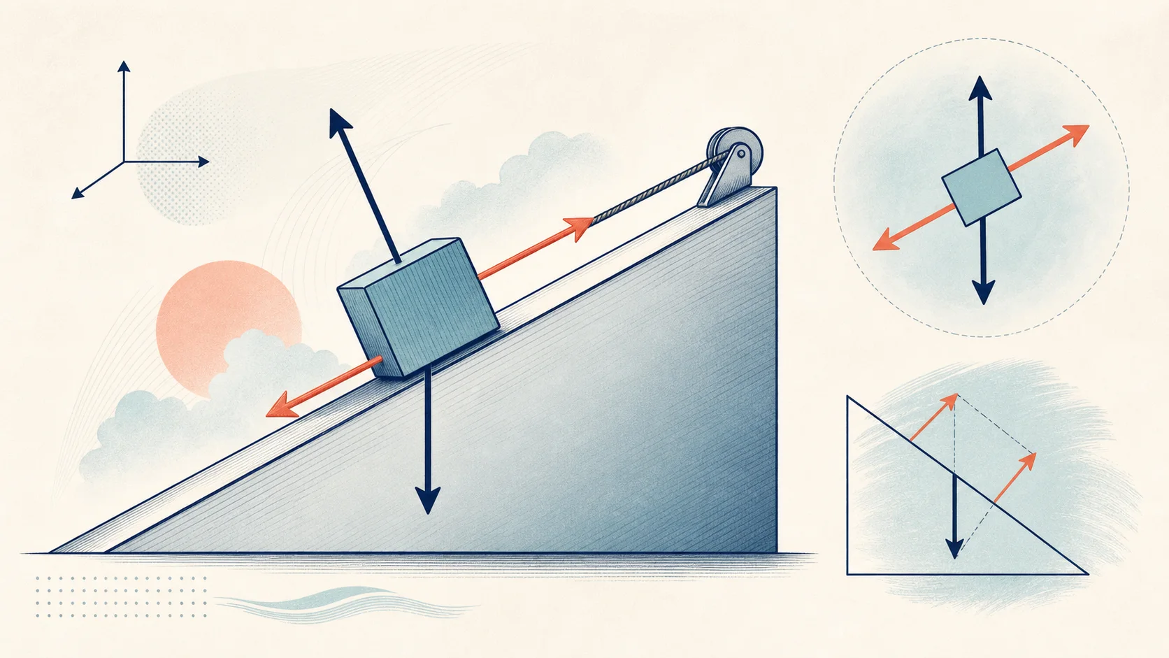 Illustration of a block on an inclined plane with force arrows, axes, and a pulley